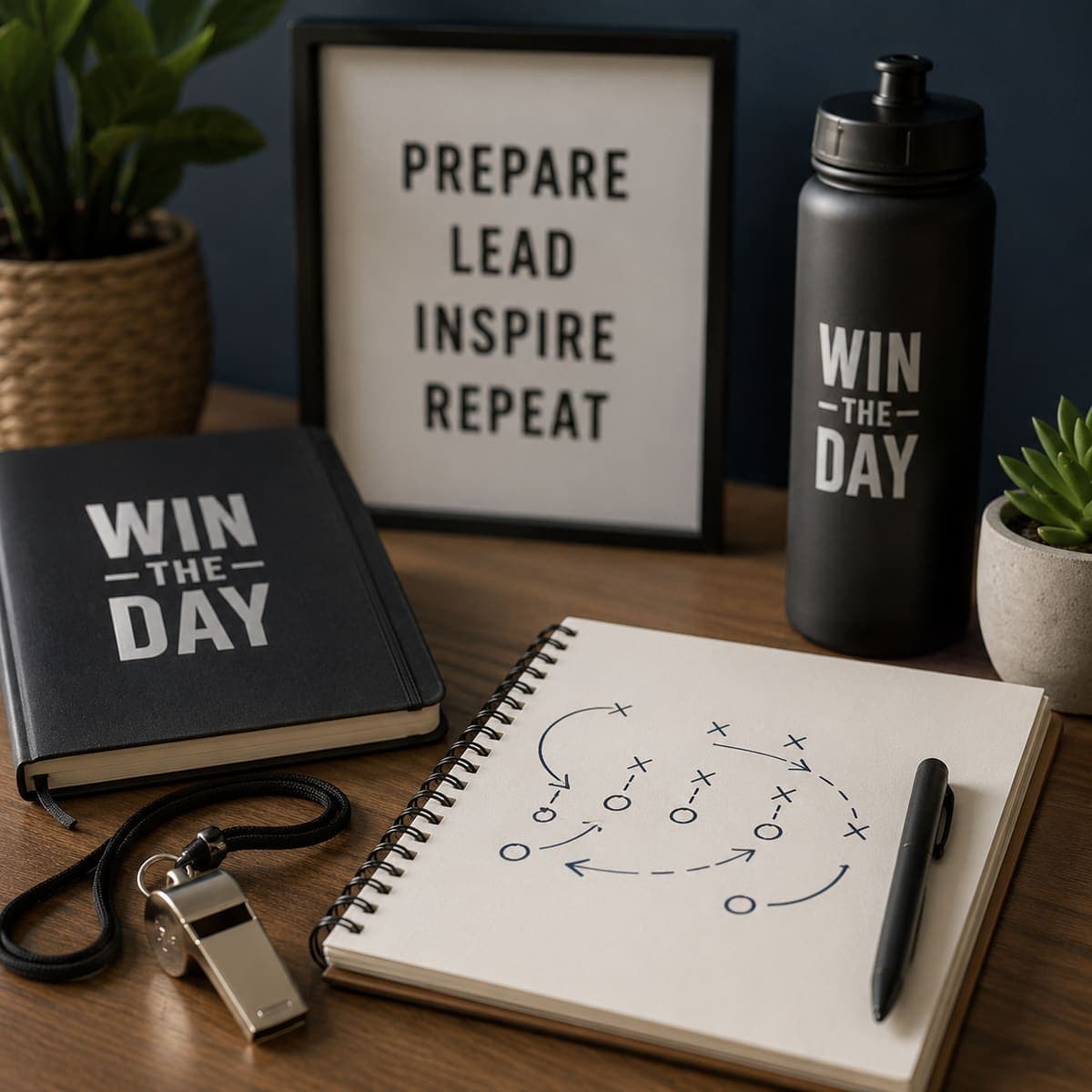 A Win the Day planner, a whistle and a playbook on a coach's desk.