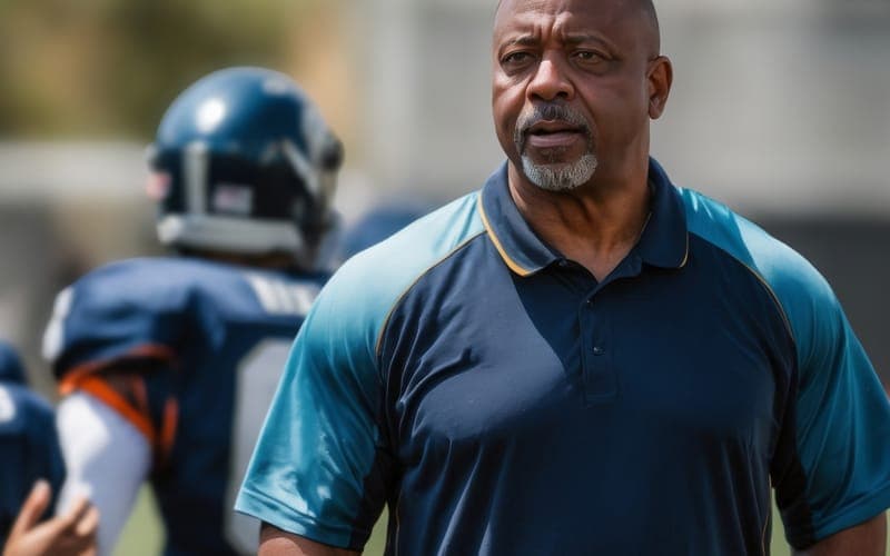 A coach in a team polo on the sideline with his players behind him.