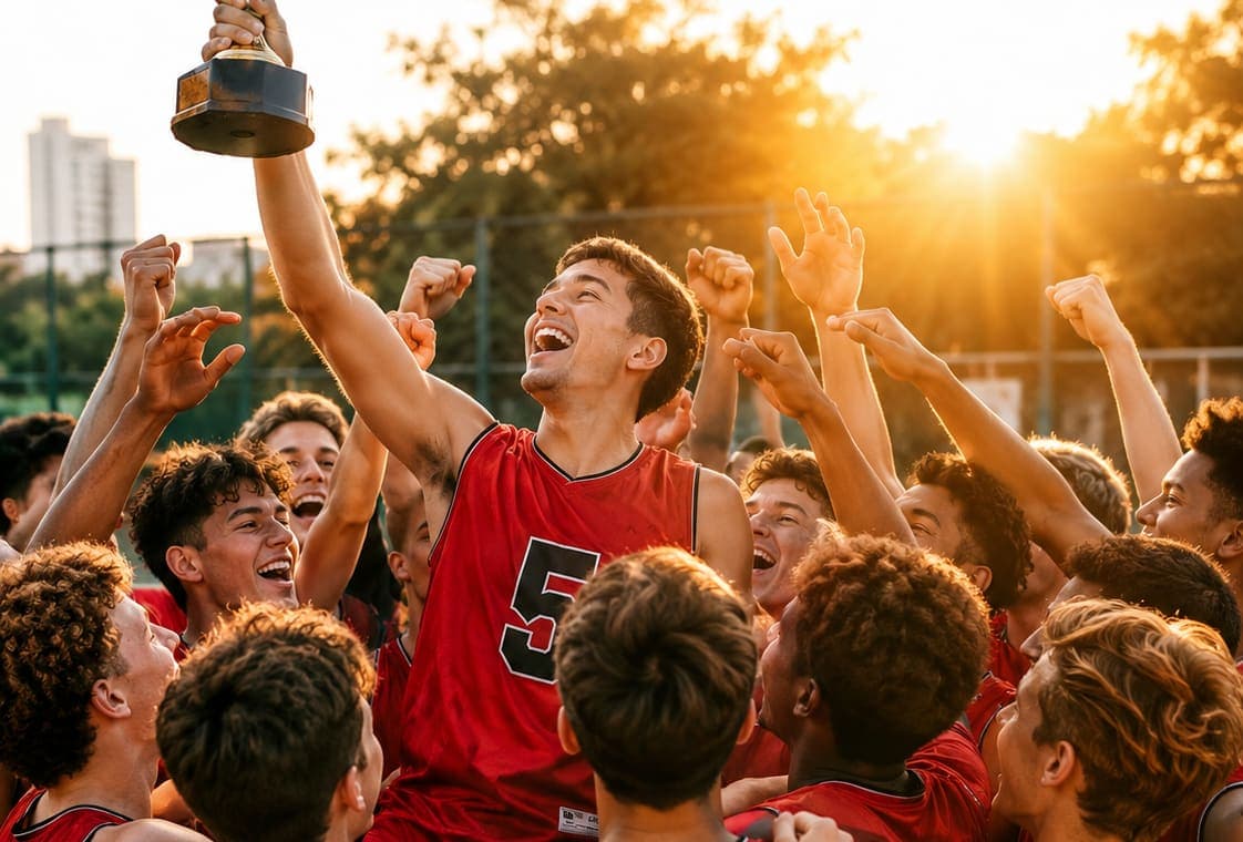 A team lifts a trophy together at sunset.